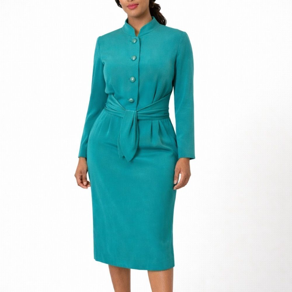 Vintage Mirella Cavorso Neiman Marcus Vintage Silk Teal Midi Dress